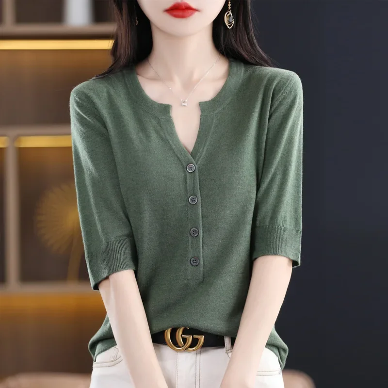 2024 New Summer Women Sweater Mid Sleeve T-shirt Fashion Slim Ladies Black White V-neck T Shirts