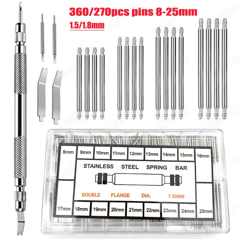 Professionelle Werkzeuge zum Entfernen von Armbändern, Federstege aus Edelstahl, Durchmesser 1,5 mm, 1,8 mm, 8 mm-25 mm, 270/360-teiliges Set, Uhrenreparaturwerkzeuge