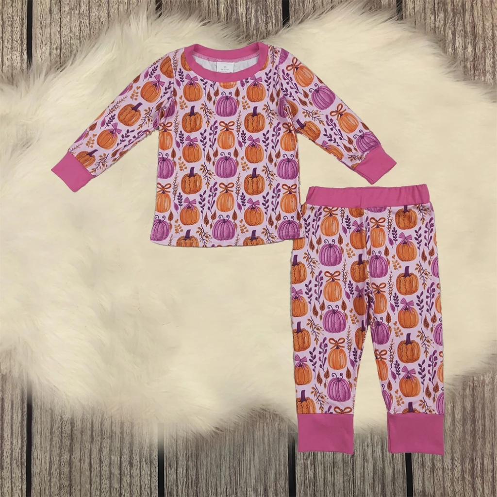 

Infant Children Sleepwear Long Sleeves Pumpkin Bows Baby Girl Pants Fall Nightclothes Pajamas Set Kids Toddler Outfit Wholesale