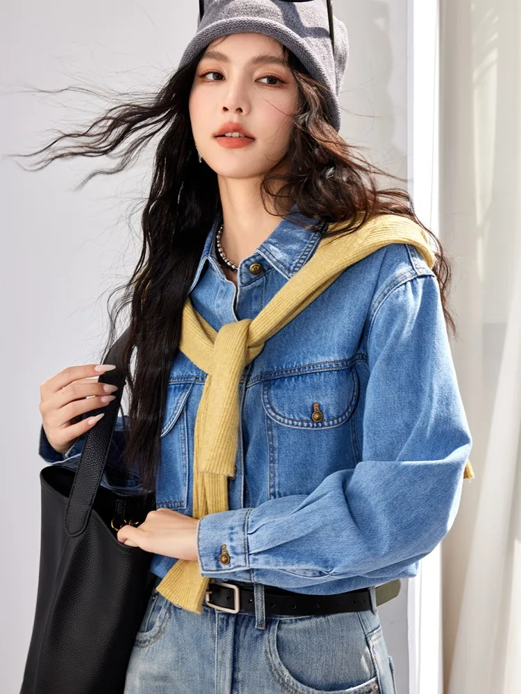 French Blue Denim Shirt For Women, 2024 Autumn And Winter New Item, Versatile And Loose Casual Top With A Collar