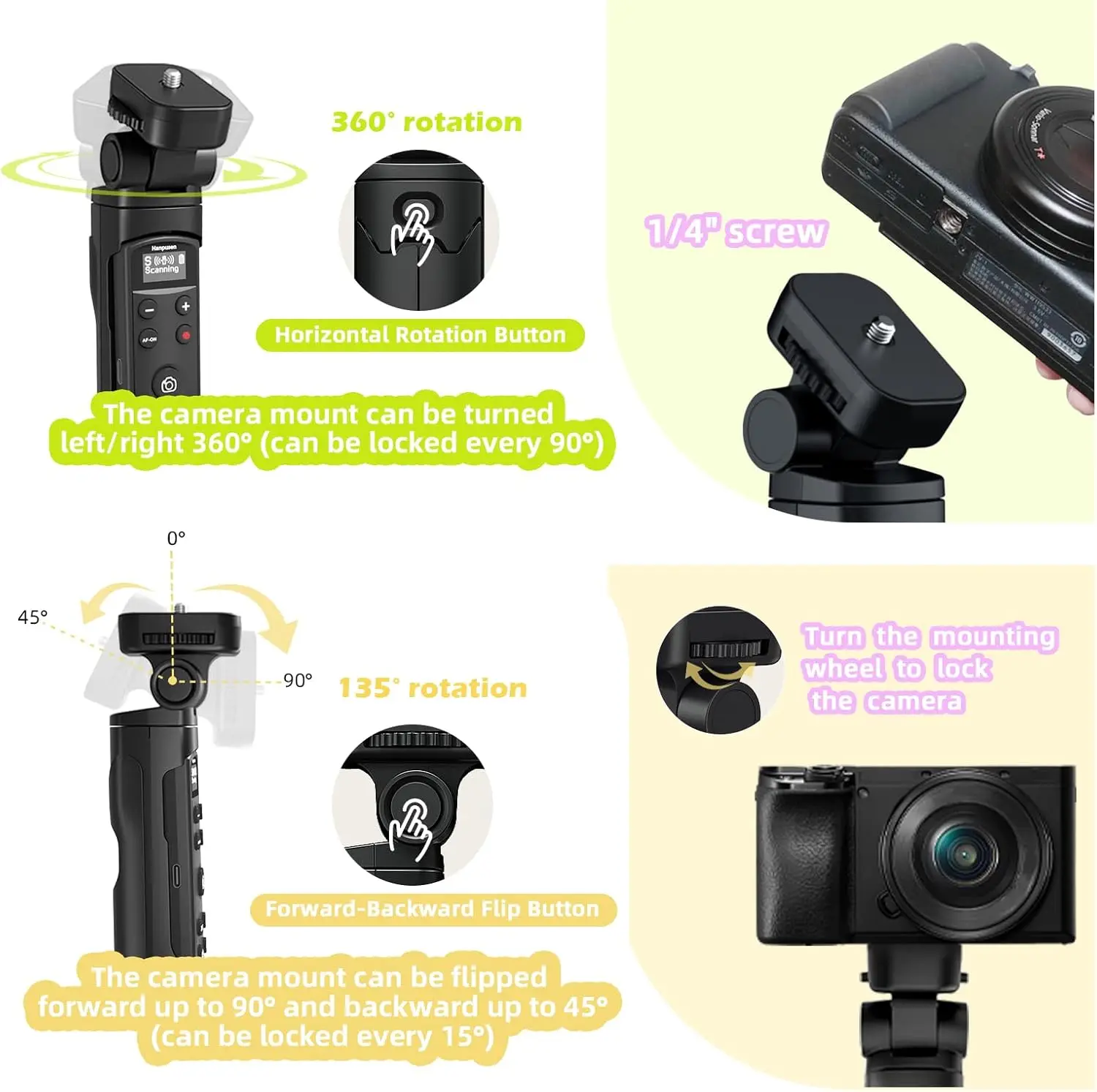per treppiede con impugnatura per riprese Sony Vlogging, telecomando per fotocamera wireless ricaricabile con schermo OLED per ZV-1 ZV-E10 ZV-1F A6700