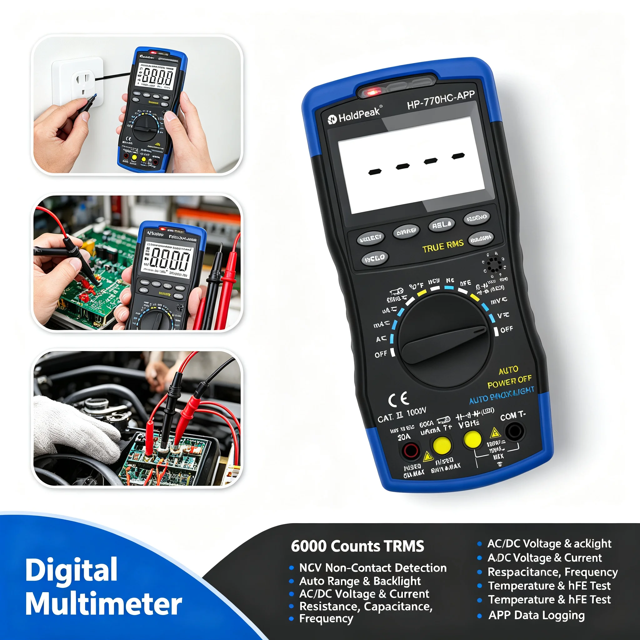 Smart Bluetooth Digital Multimeter 6000 Counts True RMS Auto Range AC/DC Tester NCV Temp Measure APP for Electrician Car Repair