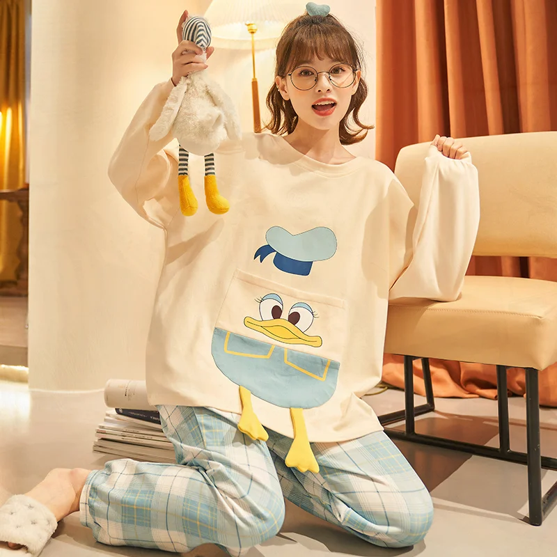 White Donald Duck Pajamas Disney Homewear Cartoon Warm Two-piece Set Pajama Pants Set Lapel Disney Donald Duck Women's Pajamas