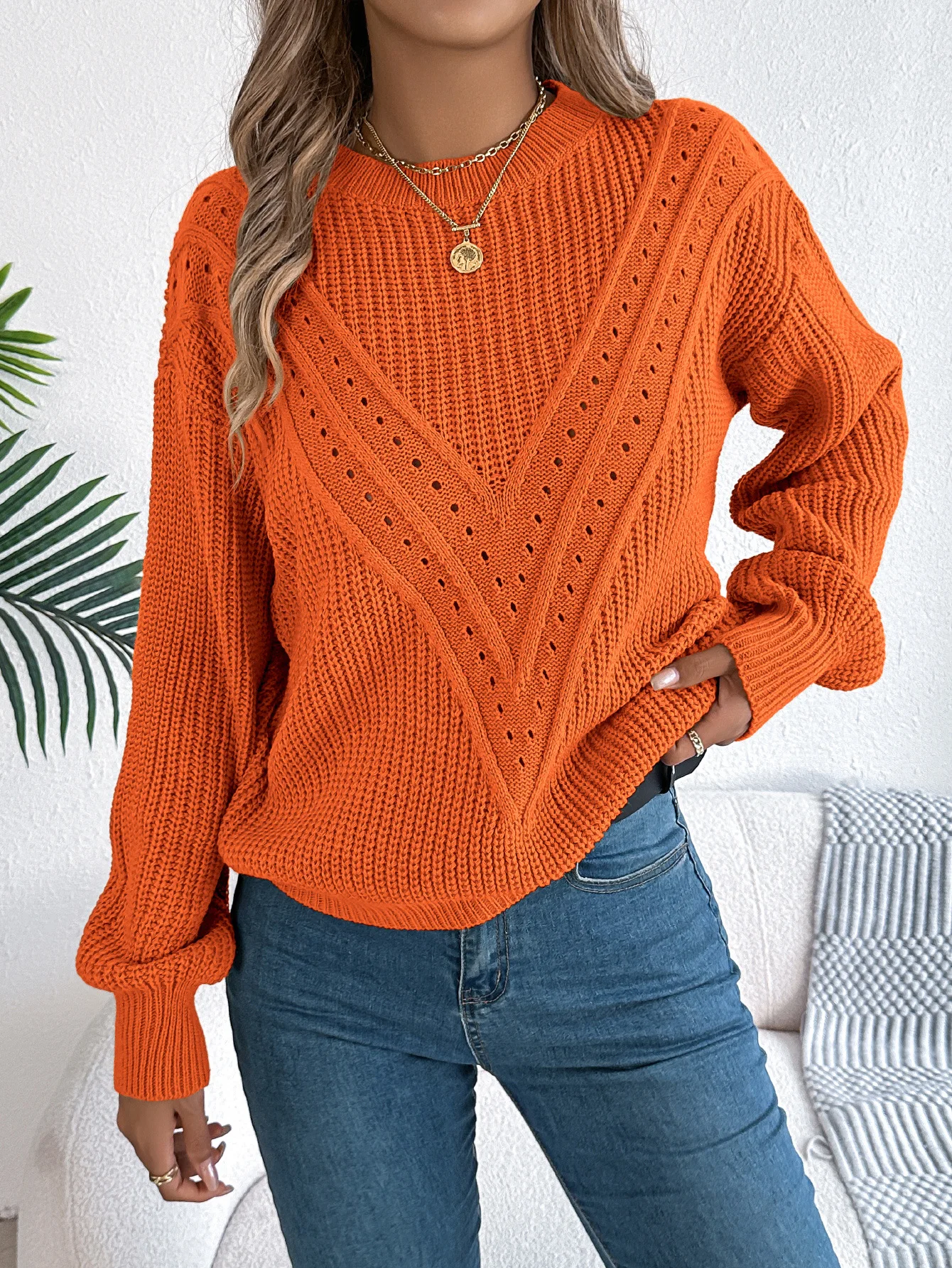 

Women's Winter Solid Color Pullover Sweater - Cozy V-Neck Lace Detail Long Puff Sleeve Casual Knit Top