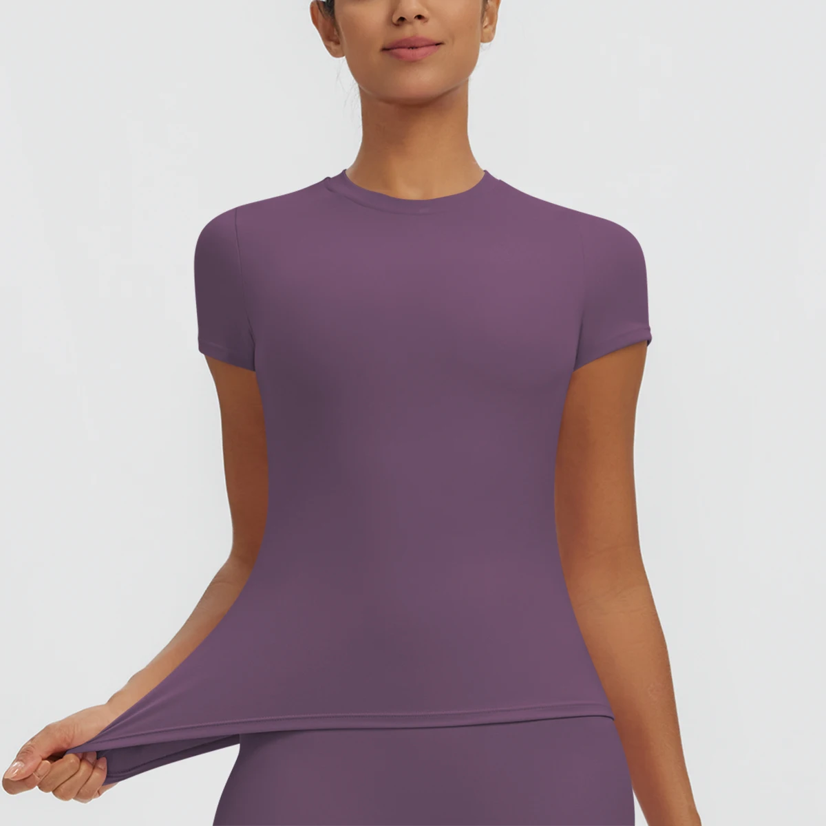 Hochelastisches, schnelltrocknendes, einfarbiges Yoga-Kurzarm-T-Shirt für Damen, Workout-Oberteil, schmal geschnittenes, lässiges Sport-, Lauf-, Fitness- und Yoga-T-Shirt. – Detail 29