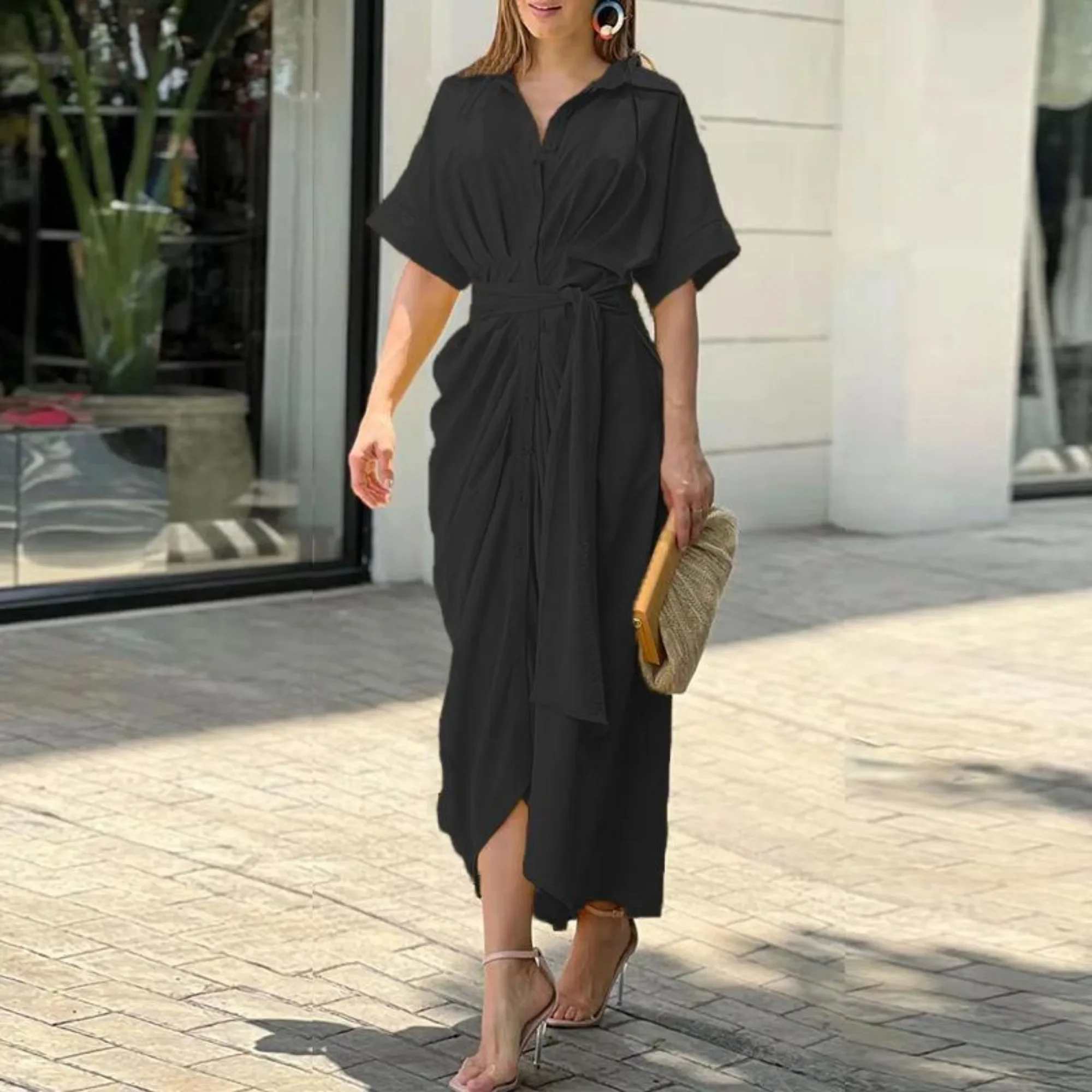 Women's Fashion Polo Collar Mid-Length Short Sleeve Single-Breasted High Waist Shirt Dress Dress Frock
