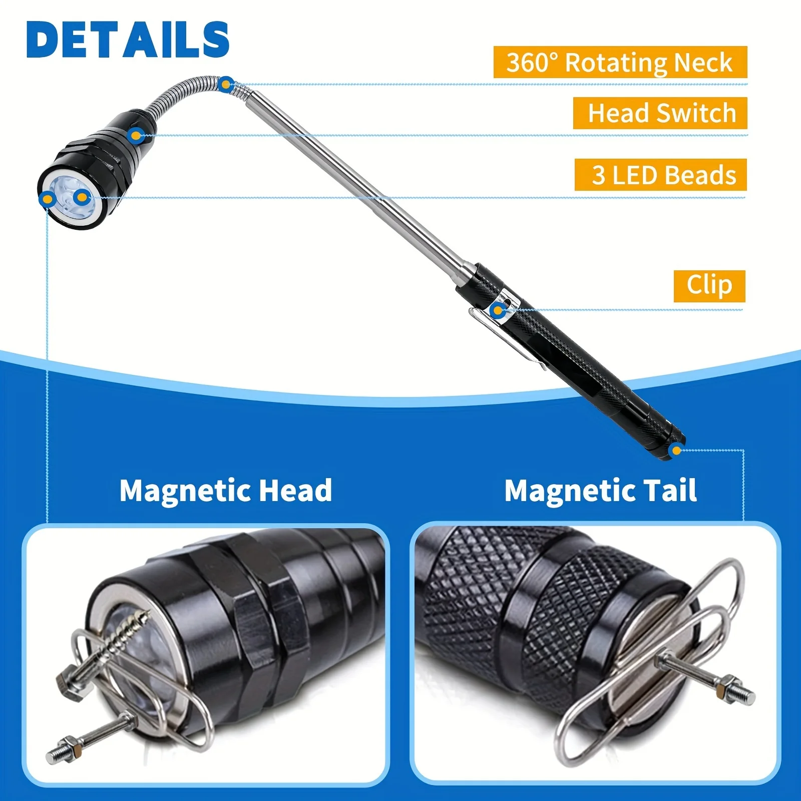 1pc magnetic flashlight, retractable magnetic 3 LED flashlight, neck can be extended to 22 inches.