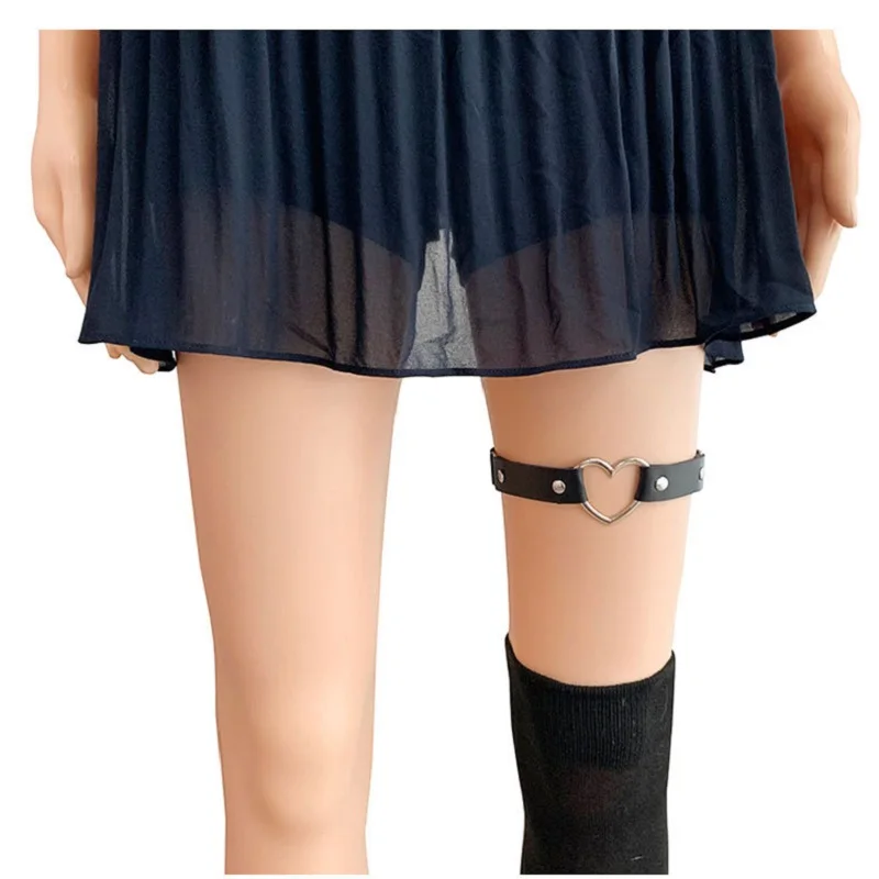 Sexy Women Elastic Pu Leather Thigh Leg Ring Strap Leglet With Metal Heart Garter Belt Cat Punk Garter Jewelry Loop Goth Harness