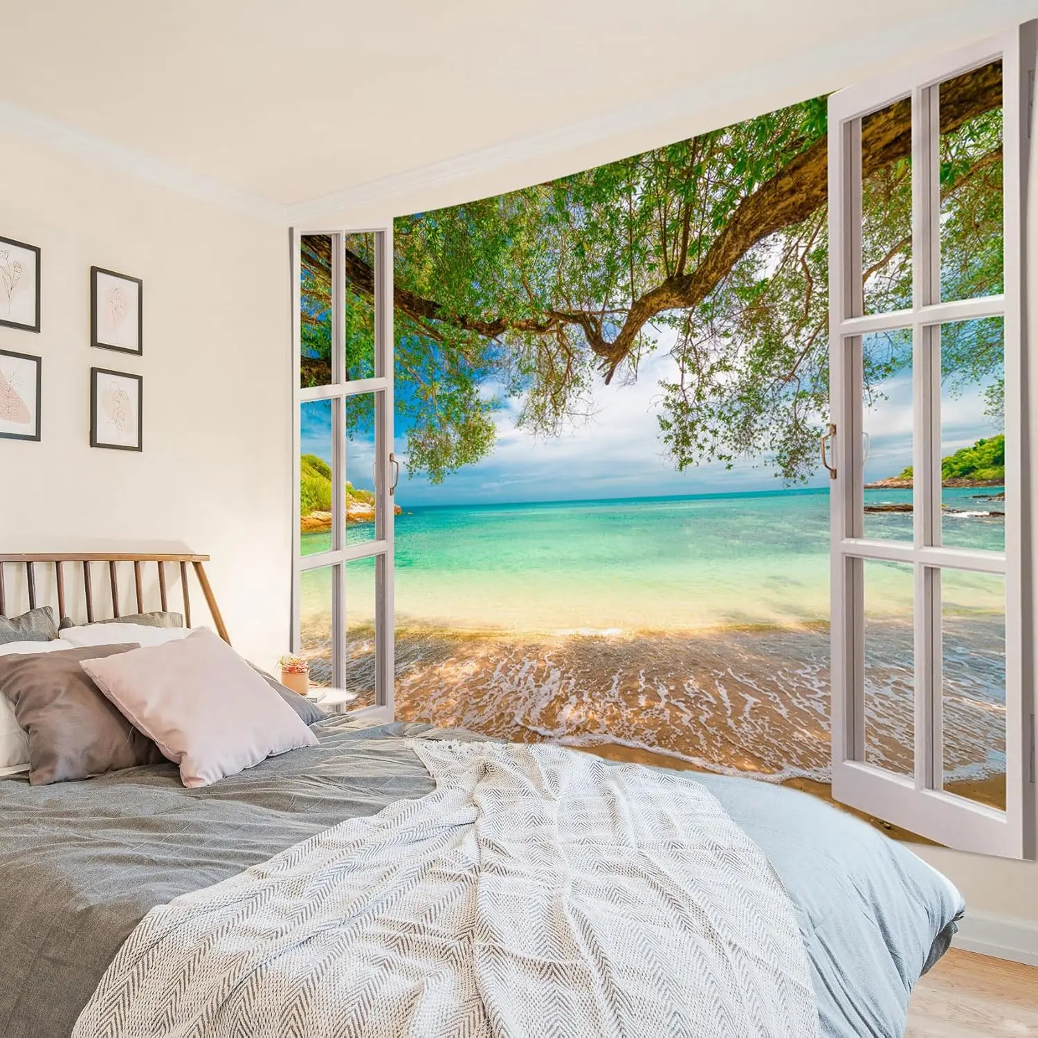 Coastal Window View Wall Hanging, Tropical Beach Ocean Green Tree Nature Landscape Art Fabric for Bedroom Living Room Decor