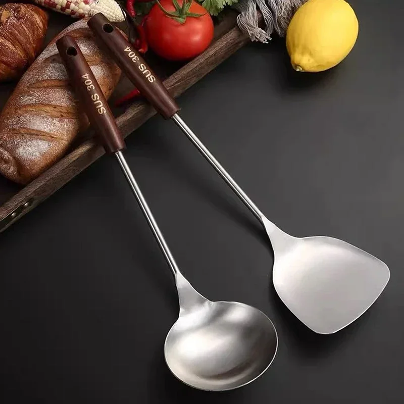 

304 Stainless Steel Spatula Spoon With Wooden Handle Lengthened Cooking Spoon Anti-Scalding Cooking Shovel Kitchenware Utensils