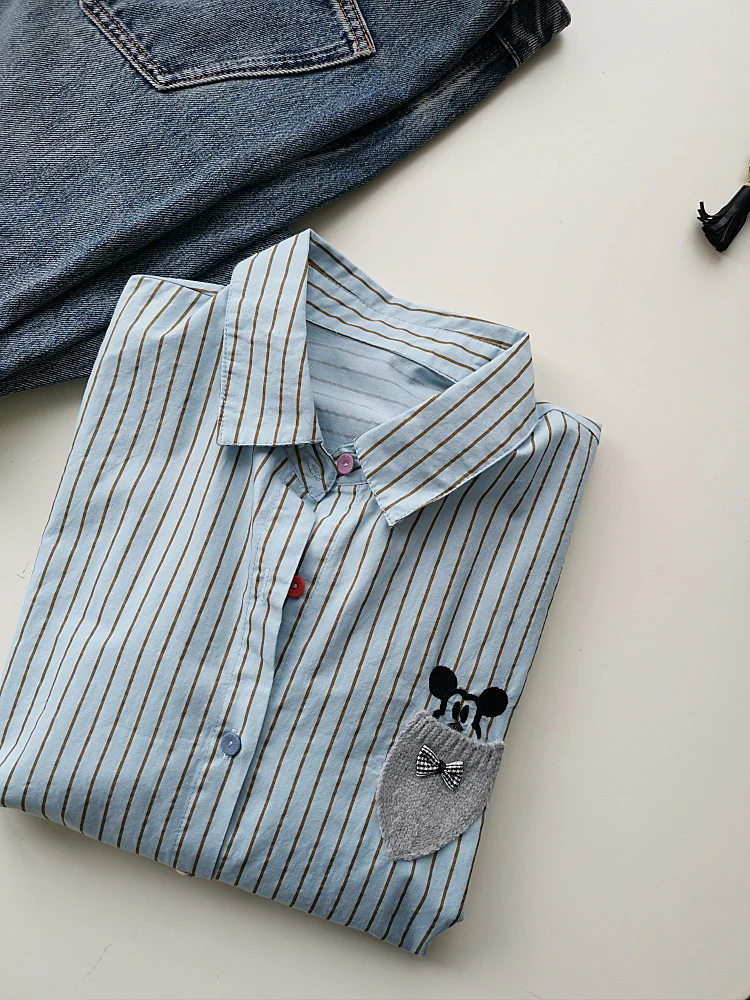 

Vertical Striped Shirt Embroidery Colored Buttons Loose Casual Long Sleeve Medium and Long Cartoon Embroidery Shirt Women