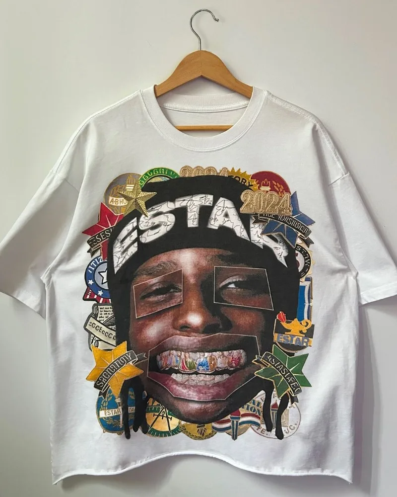 

2024 модная уличная одежда, американская ретро-портретная футболка большого размера с принтом, Y2K, повседневный Топ в стиле Харадзюку и рок-панк из чистого хлопка