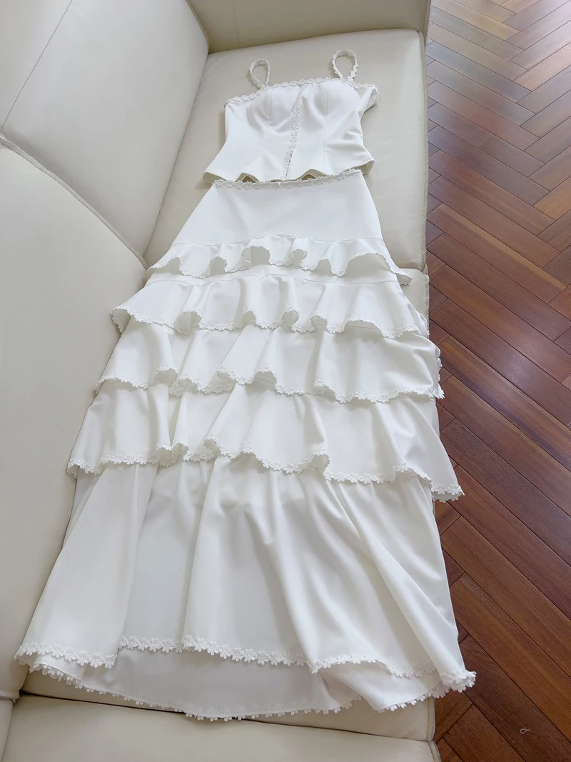 

Sexy Strapl Crop Top White Vaion Set Korean Sle High Waist A-Line Skirt Polyester Fiber Zipper Design Summer Collection