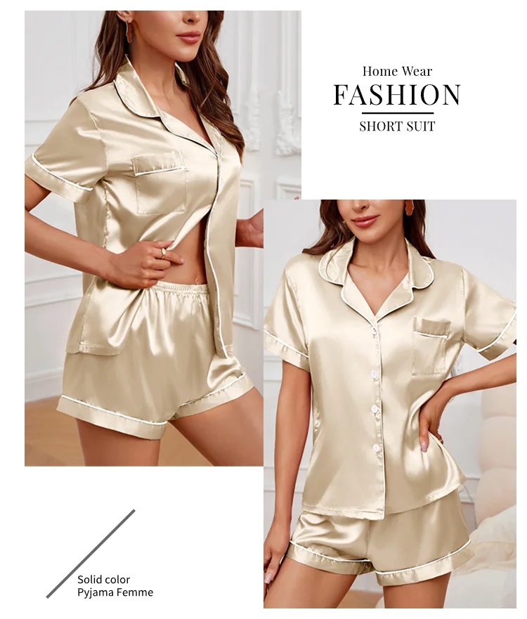 Luxuriöser Satin-Pyjama für Damen, Umlegekragen, Knopfleiste und Shorts, Nachtwäsche und Loungewear für den Sommer, Heimkleidungsanzug – Detail 28