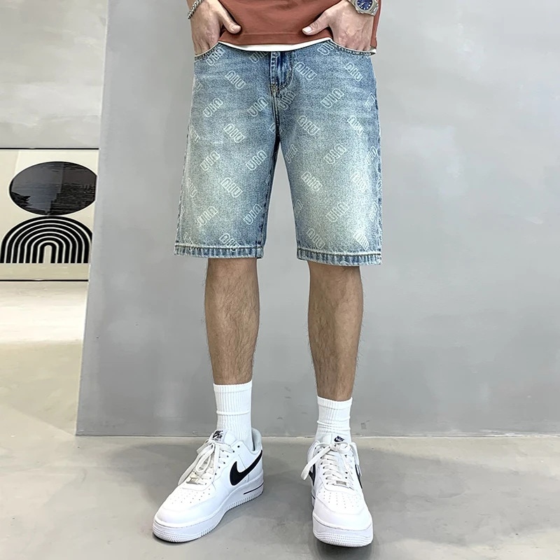 Printed Denim Shorts Men's Summer New High Street Fashion Shorts Korean Style Fashionable Loose Personalized Shorts