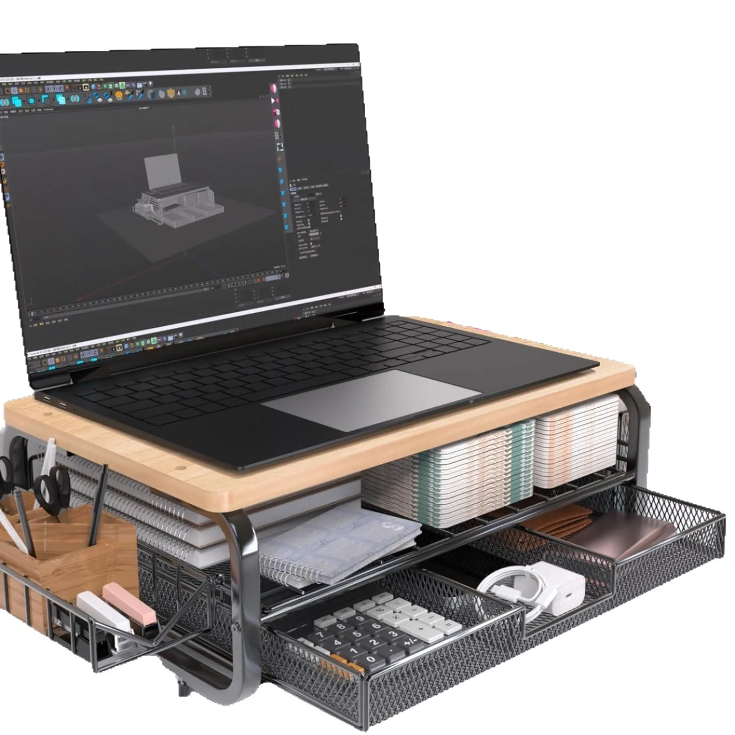 Monitor Stand Riser, 2-Tier Wooden Laptop Holder with Drawer for Desk, Space-Saving Storage Shelf for Computer & Office Supplies