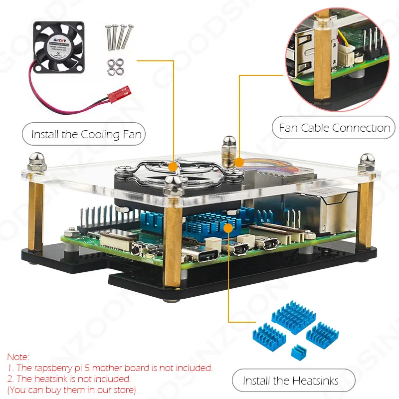 Juego de carcasa de grupo Raspberry Pi 5, carcasa con ventilador de refrigeración, enfriador para placa base Pi5 (2 capas)