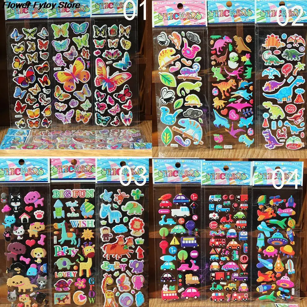 10 Sheets/lot 3D Cartoon Cute Animals Zoo 3D Stickers Children girls boys PVC Stickers Bubble Stickers Fashion Brand Kids Toys