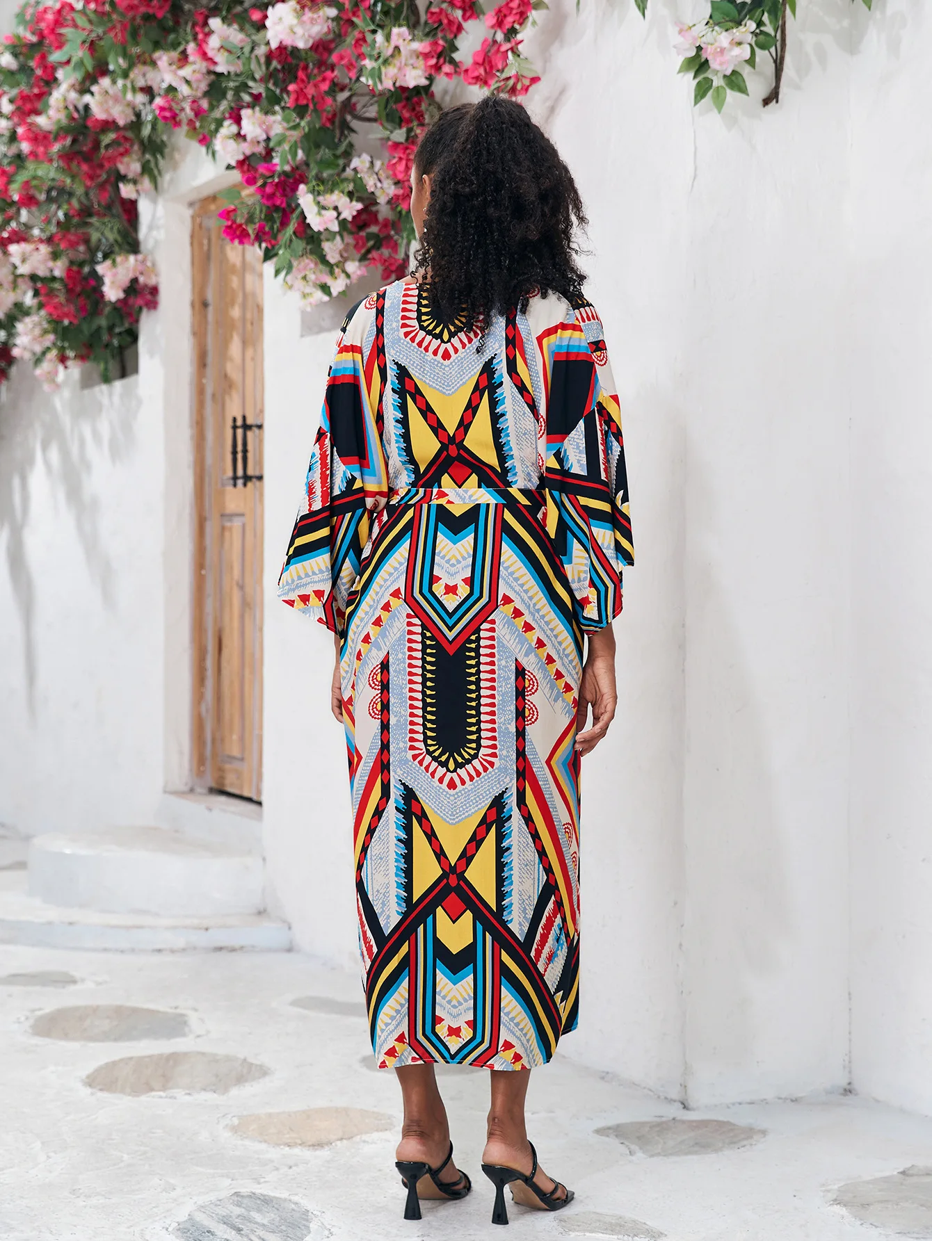 كيمونو نسائي طويل مطبوع بوهيمي ، فستان شاطئ ملفوف ، غطاء بيكيني ، ملابس صيفية ، بدلة سباحة ، سترة سترة متخفية