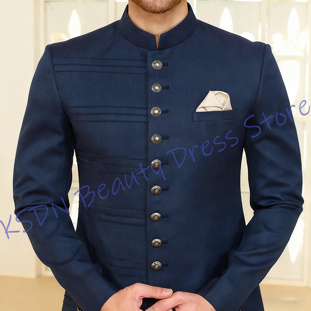 

Темно-синий мужской костюм с воротником-стойкой, однобортный комплект из двух предметов (куртка + брюки), официальный свадебный наряд для жениха, вечерняя одежда