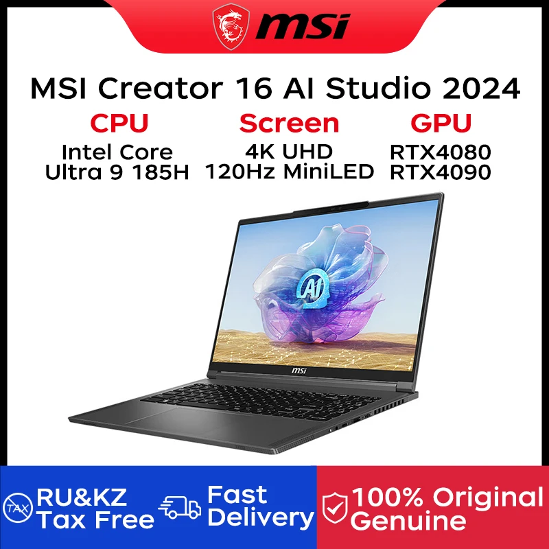 2024 MSI Creator 16 AI Studio Gaming Laptop 16 Inch 4K UHD 120Hz MiniLED Screen Netbook Ultra 9-185H 64GB 2TB RTX4080 Notebook