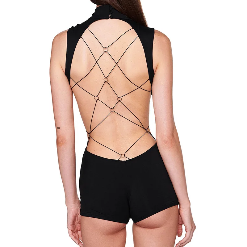 Backless Cross Bandage Romper Women Summer Hipster Sleeveless Simple Solid Playsuit Activity Stretch Street Overalls