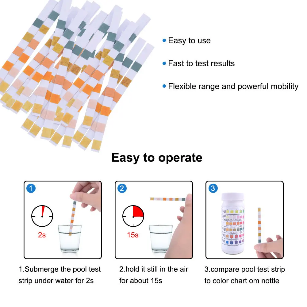 50 Stück/Flasche 6 in 1 Mehrzweck-Chlor-PH-Teststreifen SPA Schwimmbad Wasser Tester Papier – Detail 5