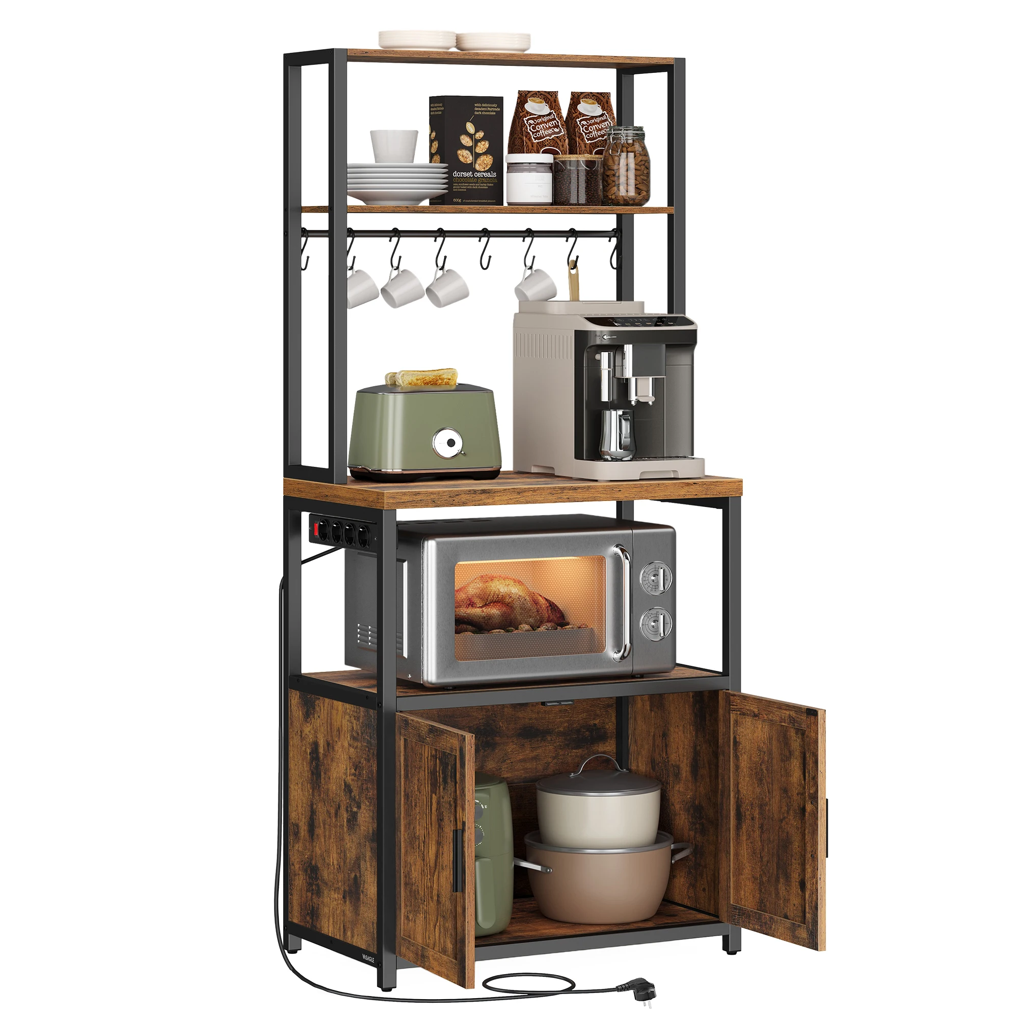 Keukenrek met stopcontacten, Keukengarderobe, 90 cm hoog Werkbord, 8 haken Staande plank, Vinta-gebrouwen matzwart