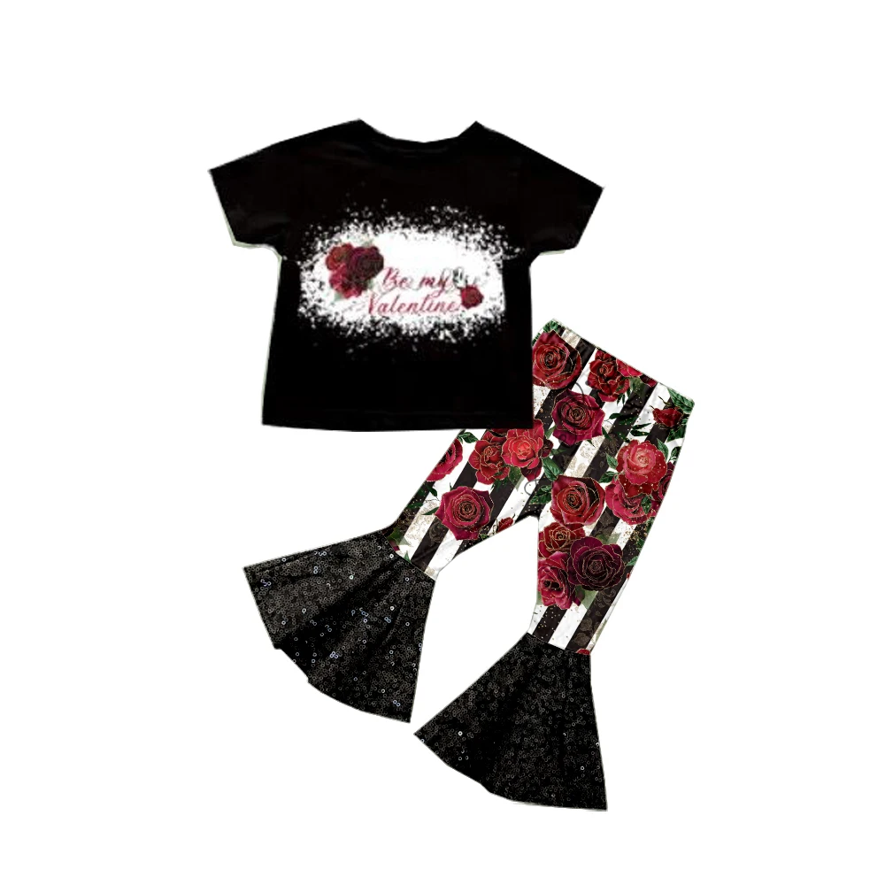 

Boutique Valentine's Outfits Black Short Sleeve Tops Roses Print Sequins Bell Bottom Pants Sets