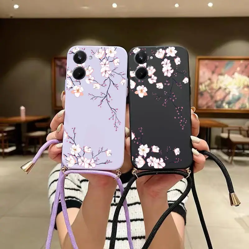 1 0 Delicate Flowers Lanyard Silicone Phone Case For Realme 10 10T 10Pro 8Pro 9Pro 12 12Pro 10ProPlus C35 C53 C65 C67 Cover