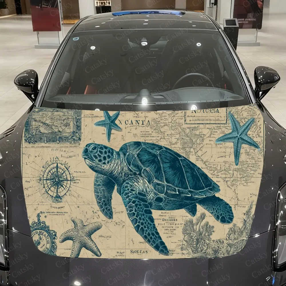 Nautical Theme Turtle PVC Car Hood Sticker,Waterproof Self-Adhesive Vinyl Graphics Decals,Decorative Auto Accessories Stickers