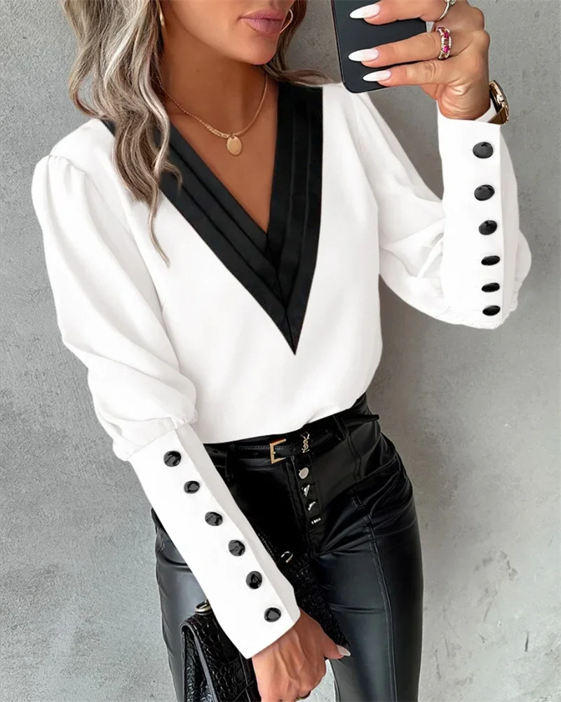 Slim Sexy Blouse Women Fashion Long Sleeve V-Neck Casual Pullover Shirts Elegant Office Ladies Tops Shirt Femme Blouses Autumn