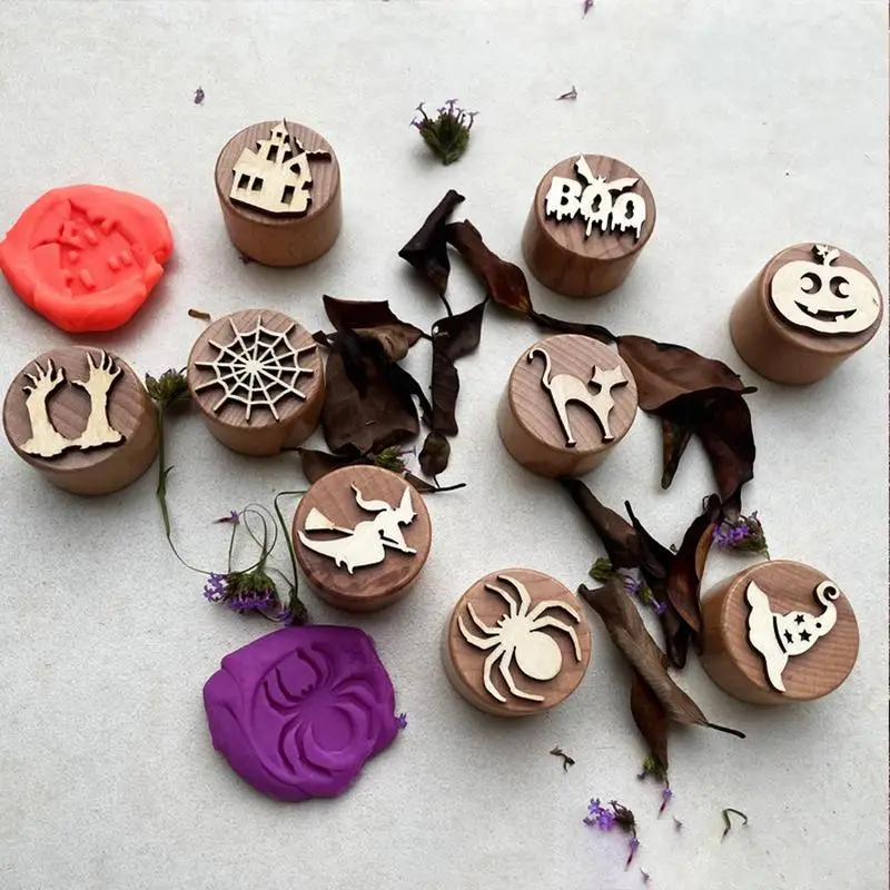 Clay Stamps For Crafting 9pcs Halloween Wood Clay Stamp Tool Stamp Toys Children's Handmade Stamp Set Plasticine Clay Stamp