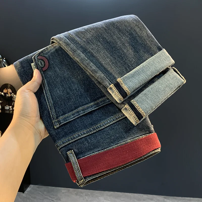 Осень 202, модные брендовые конические джинсы с вышивкой, мужские модные универсальные облегающие повседневные брюки с небольшой ногой