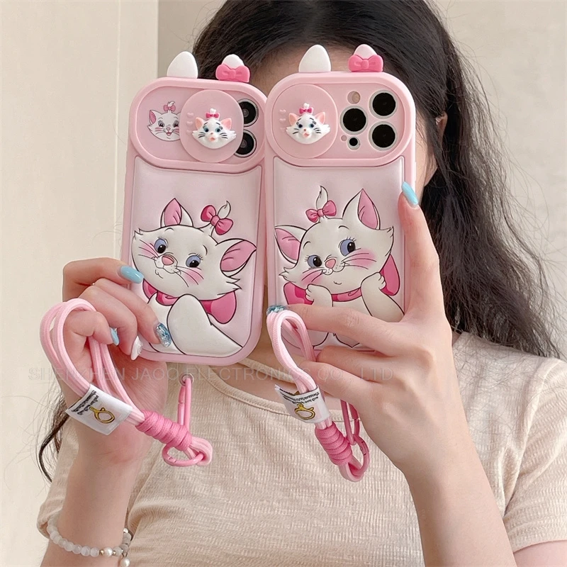 Funda de teléfono con cámara push-pull de gato Marie de dibujos animados en 3D para iPhone 15, 14, 13, 12 Pro Max 11, con correa para la muñeca, funda suave