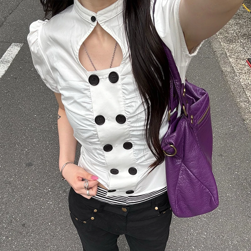 Y2K Korean fashion Harajuku polkat dot popular double-row button decoration Sweet spicy hollow out style short sleeve T-shirts