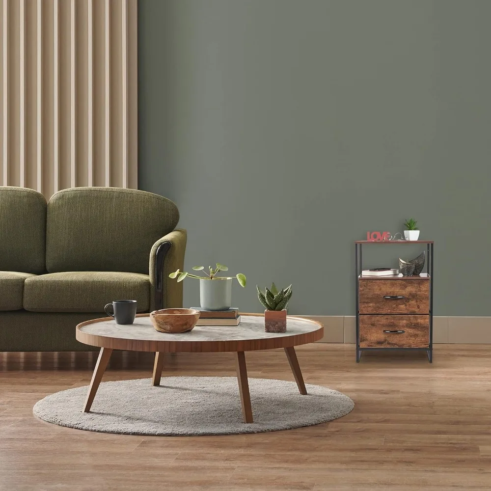 Mesita de Noche Industrial con 2 Baldas y 2 Cajones، Acabado Madera y Negro #2