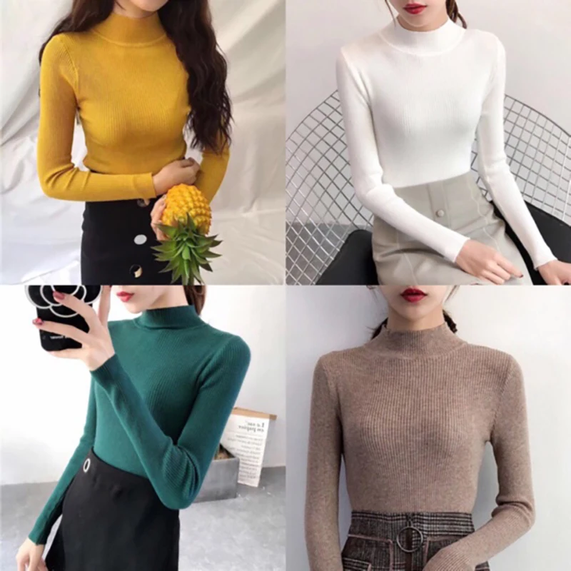 Knitt Half High Collar Round Neck Cotton Sweater Soft Smooth Cute Easy To Wear Pullover