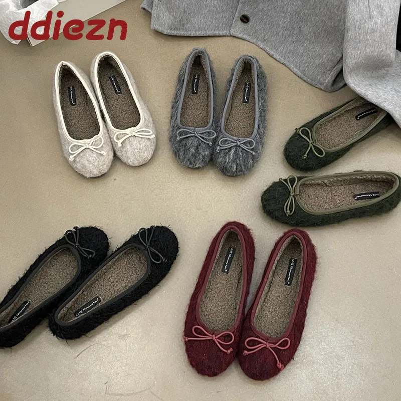 الشتاء الخريف أفخم الأزياء فراشة عقدة السيدات الشقق الأحذية الإناث الأحذية الدافئة الانزلاق على النساء الباليه الشقق مع أحذية الفراء