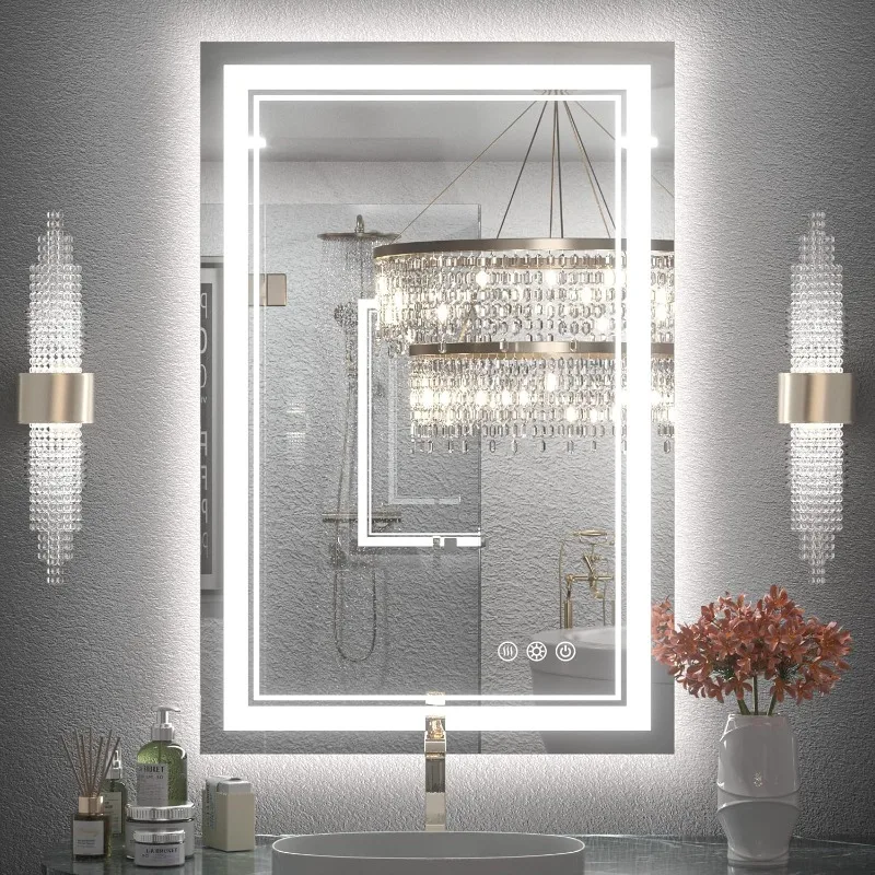 LED bathroom mirror with front light and backlight, dimmable backlight mirror, anti-fog tempered glass vanity mirror