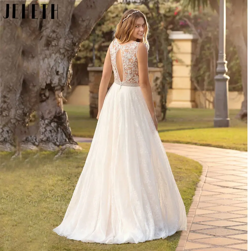 JEHETH-Vestido de novia clásico de tul, traje sencillo de encaje con Espalda descubierta, sin mangas, cuello en V, blanco, hecho a medida, BrancoJEHETH-Vestido de novia clásico de tul, traje sencillo de encaje con Espa