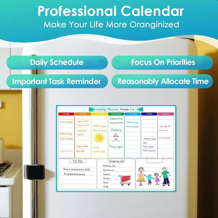 Weekly Dry Erase Board for Fridge Magnetic Calendar Whiteboard  for Refrigerator with Stain Resistant Technology Include 7 Fine