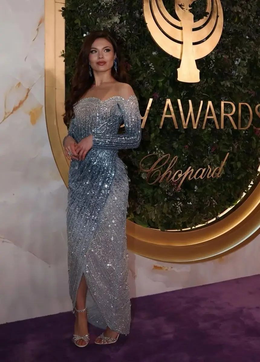 Ofherown Luxury Gradient Blue Sequin Evening Dress Off-Shoulder Long Sleeve Split Bodycon Gown Red Carpet Party Dress Customized