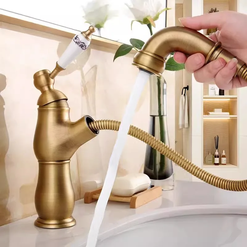 

French Vintage Pull-out Faucet Antique All-copper Bathroom Basin Wash Basin Cold and Hot Water Bathroom Cabinet Faucet