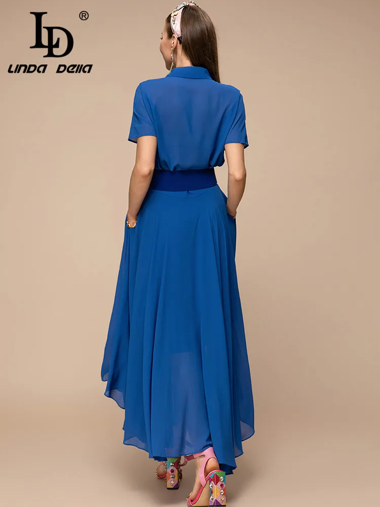 LD LINDA DELLA New 2023 Summer Fashion Women Blue Elegant Asymmetrical Long Dress Turn-down Collar Sashes Slim Pleated Dresses