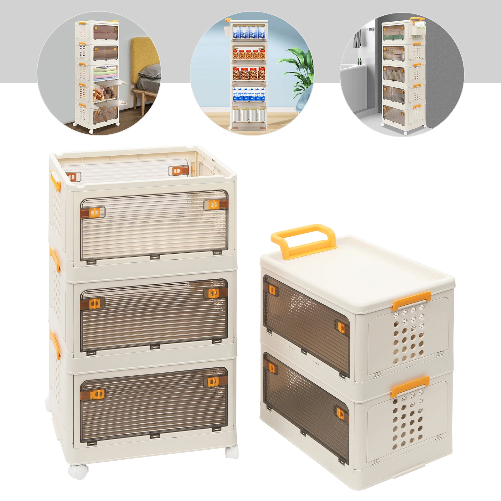 

5 Tier Foldable Storage Cabinet White PP Collapsible Storage Bin With Brake Wheels Movable Floor Standing Home Organiz