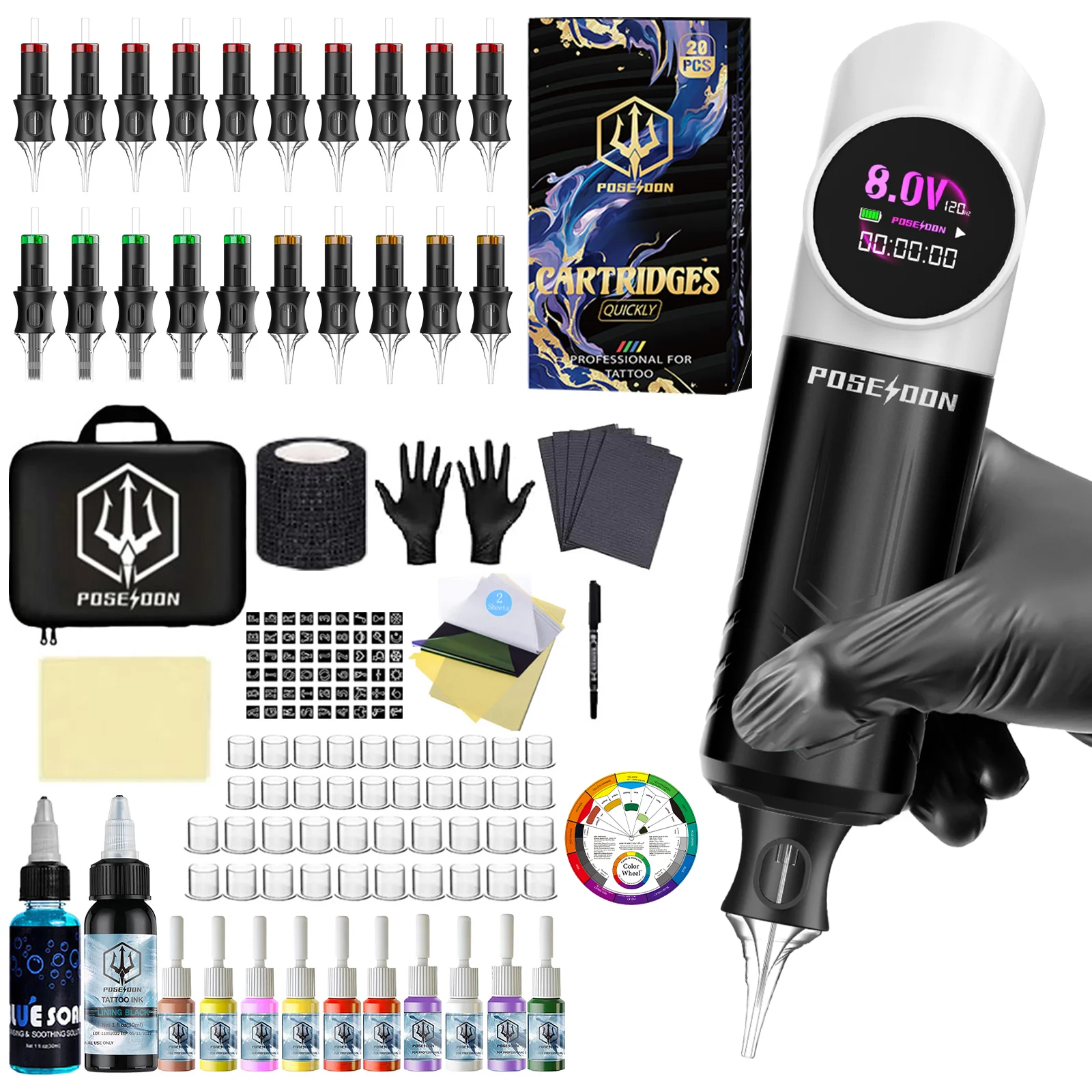 POSEIDON V5 مجموعة الوشم الجديدة الباندا قلم الوشم عدة لآلة الوشم تجميل دائم عدة اللاسلكية الوشم إمدادات الطاقة الوشم كيت