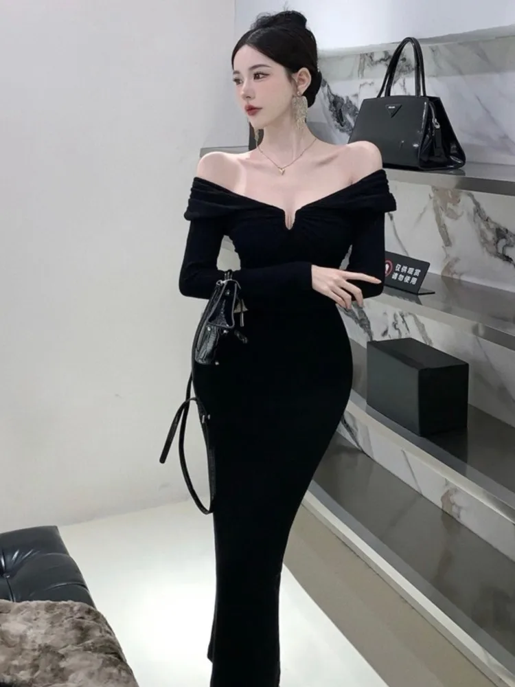 

Autumn Sexy Off Shoulder Black Evening Dresses Slash Neck Long Sleeve Slim Fit High Waist Split Vestidos Elegant Party Prom Robe