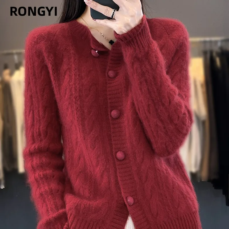 RONGYI 100 %Wool Cashmere Cardigan Autumn Winter New Large Size Twist Coat High-End Knitwear Sweater Shirt Loose Women Thick Top