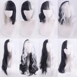 Cosplay Halloween Party Wigs CRUELLA Deville De Vil Black White With Bangs Short Bob Hair for Women Heat-Resistant Synthetic Wig